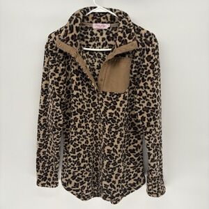 Pink Lily leopard Print Fleece Pullover Quarter Button Snap T Women M